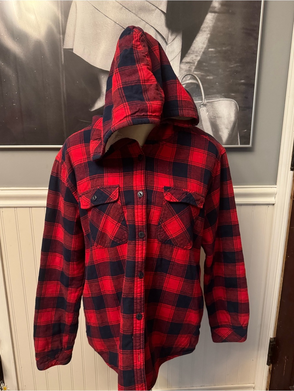 Boston Traders Red Black Plaid Flannel Sherpa Lined Hooded Jacket Shacket Size L